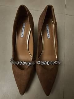 TAN SUEDE HEELS WITH EMBELLISHMENT | NEGOTIABLE PRICE