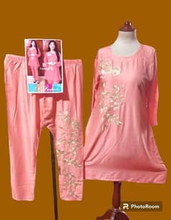 2 pcs women's stitched linen zari tilla enbroidered short and trouser