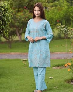 2 Pcs Women's Stitched Cotton Embroidered Frock and Trouser