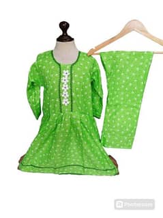 2 Pcs Girl's Cotton Printed Frock And Trouser Set