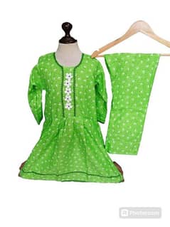 2 Pcs Girl's Cotton Printed Frocs And Trouser Set