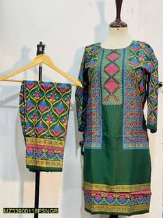 2 pcs women's stitched linen block printed suit