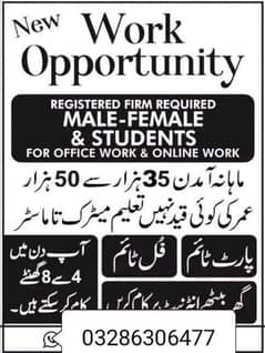 male and female staff required for office and online work