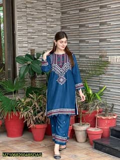 2 pcs women's stitched  linen  printed shirt and trouser