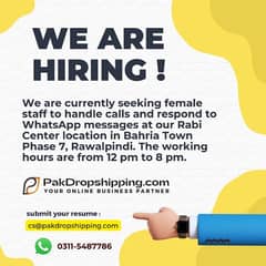 Female staff needed to handle calls and respond to WhatsApp messages