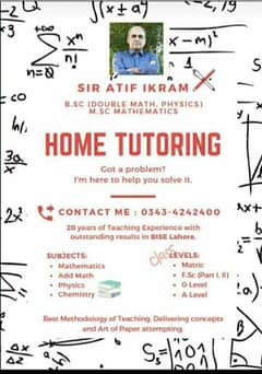 Home Tutor , Matric, F. Sc (Physics, Chemistry, Maths)