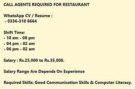 Call Agents Required For Restaurant | Call Center Job |