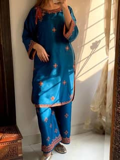 2 Pc Women stitched lawn embroidered shirt and trouser - Blue