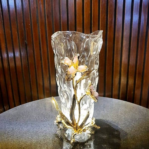 Glass Vase Metal Relief Golden Flower 1