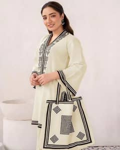 2 Pcs Women Stitched Linen Shirt & Trouser with Tote Bag