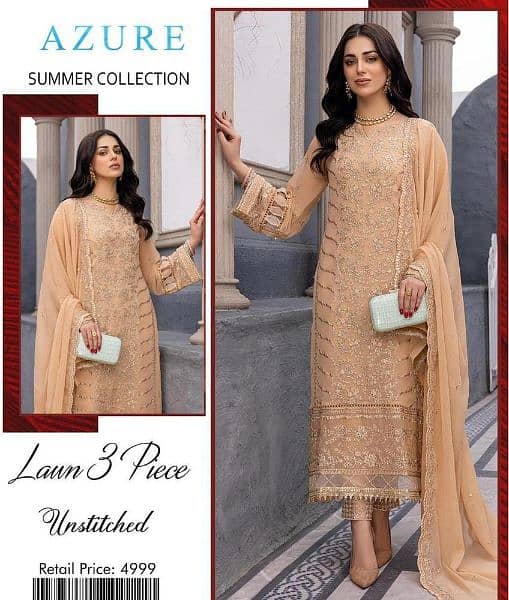 3 Pcs Women's Unstitched Lawn Embroidered Suits 4