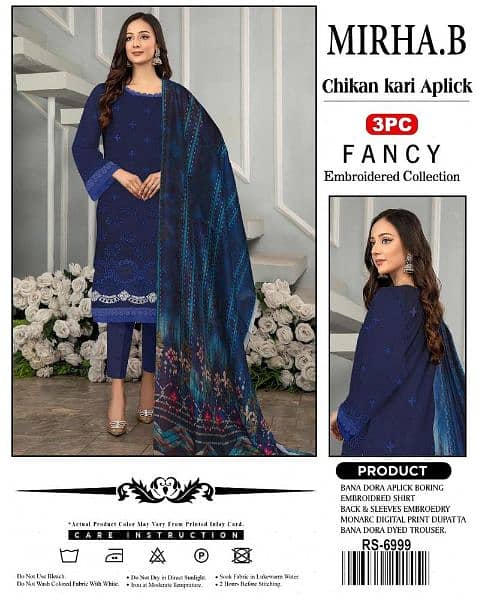 3 Pcs Women's Unstitched Lawn Embroidered Suits 14