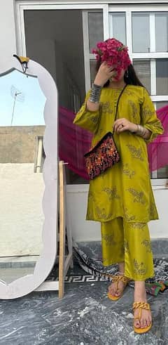 2 Pcs women's stitched Arabic Lawn block printed shirt and trouser