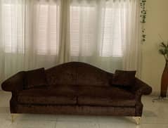 Camel hamp sofa with velvet upholstery