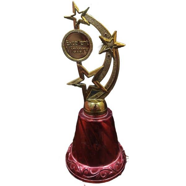 Golden trophy award with the text, stars and red colour base. 0