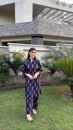 2 Pcs Women’s Stitched Linen Printed Shirt And Trouser