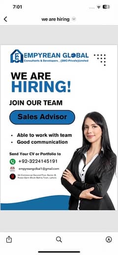 Hiring Sales Advisor and markeeting agent