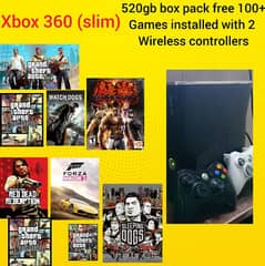 Xbox 360 500gb with 2 controllers 100+ unique games free charger cells