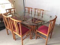 Dining Table for 6 Persons, wtth 6 chairs Glass Top Wooden