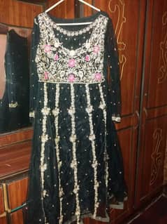 Black net maqsi with royal gold and rose embelished embriodery and