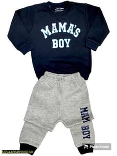 2 Pcs Boy's Stitched Fleece Priented Shirt And Trouser Set