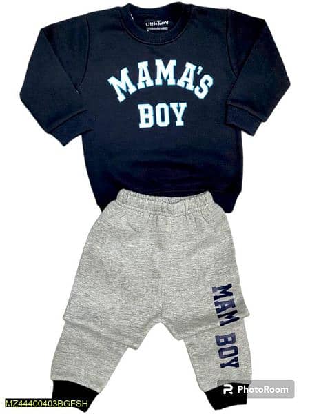 2 Pcs Boy's Stitched Fleece Priented Shirt And Trouser Set 0