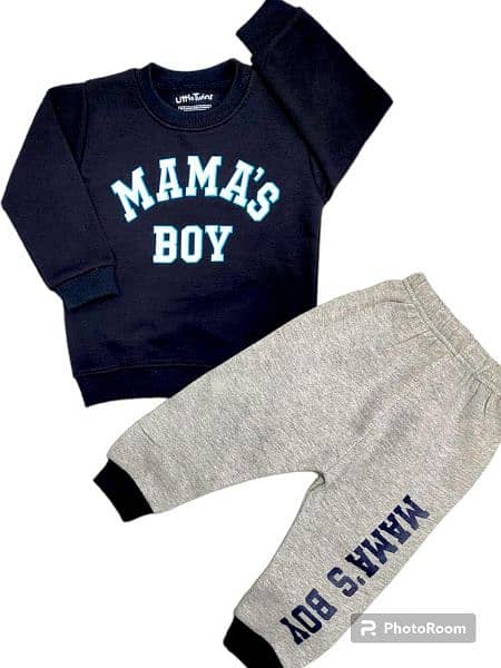 2 Pcs Boy's Stitched Fleece Priented Shirt And Trouser Set 1