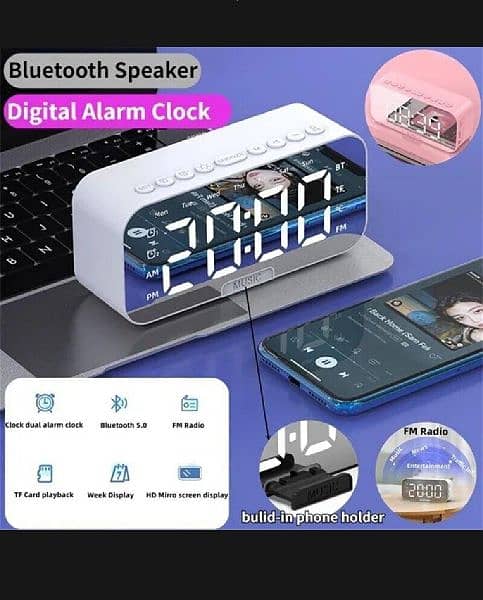 Digital Alarm Clock Mirror Bluetooth Speaker Temp Week Display FM 1