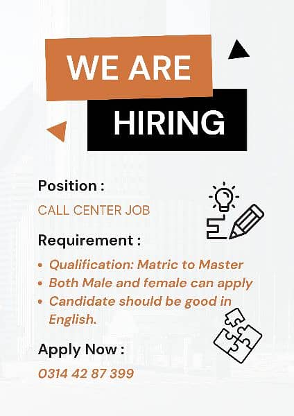 Urgent hiring for call center job both male& female 0