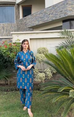 2 Piece Women's Stitched Linen Printed Shirt And Trouser