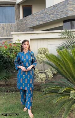 2 Pcs Women's stitched linen printed suit and trouser.