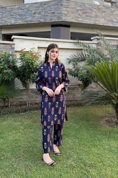 2 Pcs Women . Stitched Linen Printed Shirt And Trouser CASH ON DELIVERY