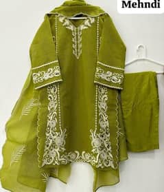 3 PCs woman's stitched Organza Embroidered Suit