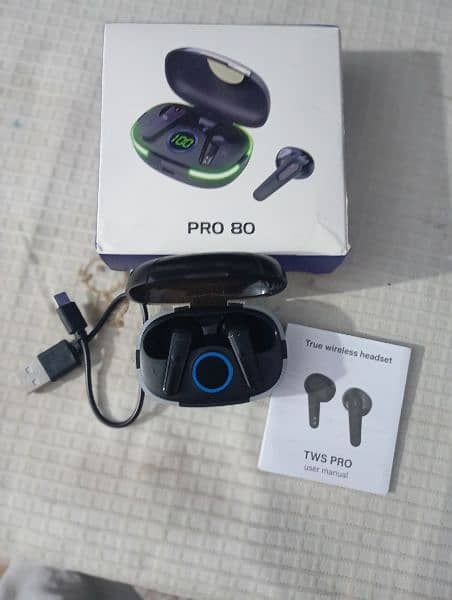 tws pro 80 for sale with box,charging cable,and user manual 0