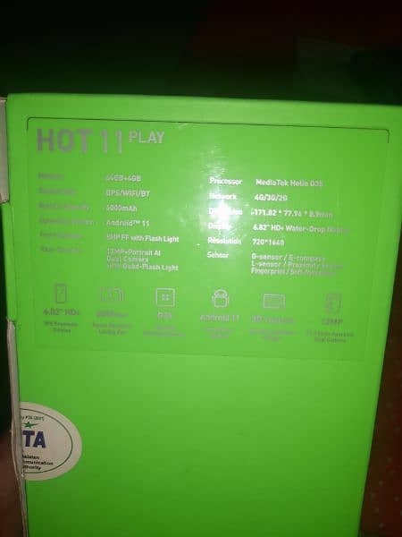 infinix hot 11 play 4-64 with box pta approved 2