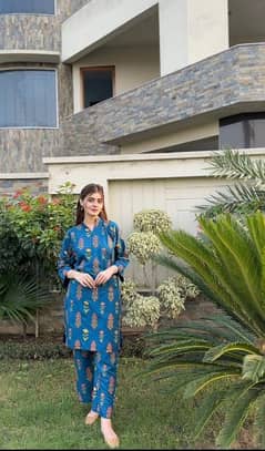 2 Pcs Women's Stitched Linen Printed Shirt And Trouser