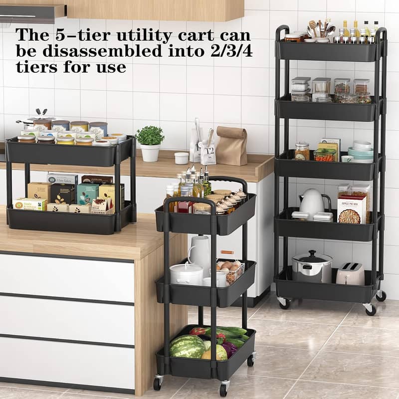 Extra Tall Rolling Cart with Wheels, Narrow Organizer Rack Black 0