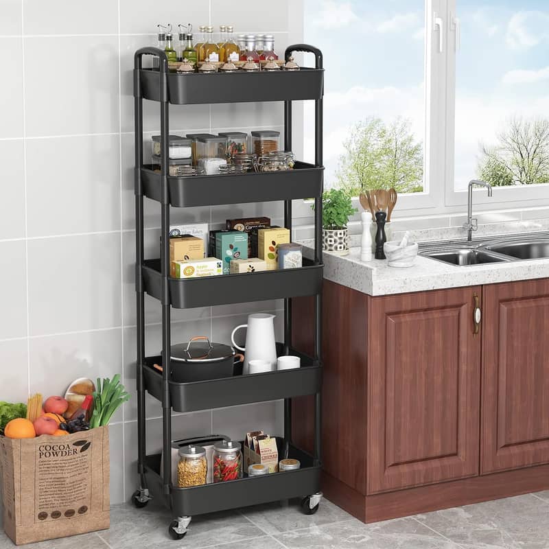 Extra Tall Rolling Cart with Wheels, Narrow Organizer Rack Black 2