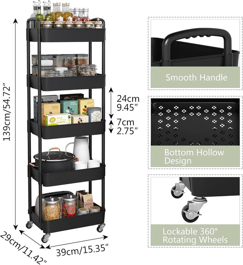 Extra Tall Rolling Cart with Wheels, Narrow Organizer Rack Black 3