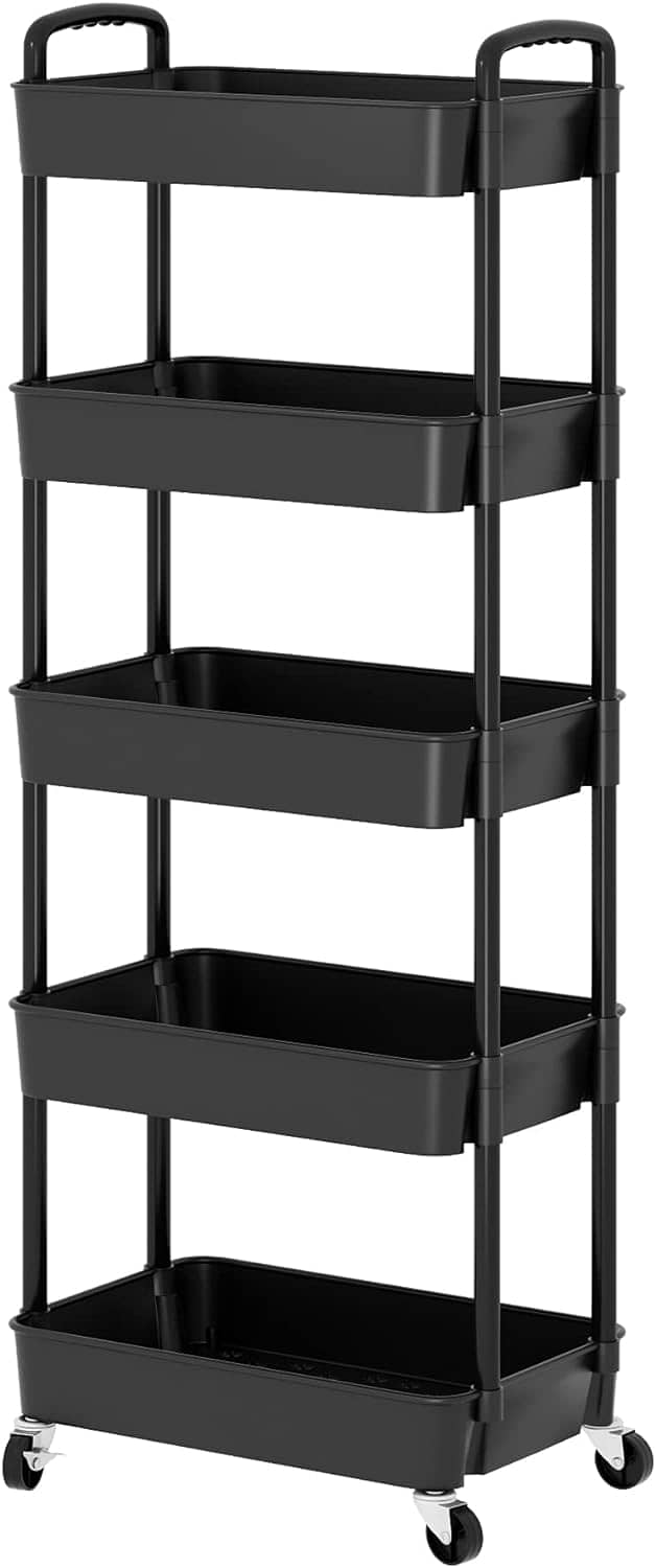 Extra Tall Rolling Cart with Wheels, Narrow Organizer Rack Black 4