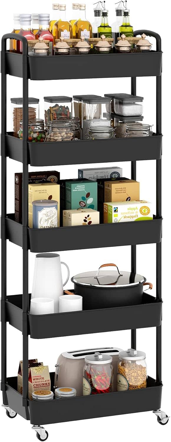 Extra Tall Rolling Cart with Wheels, Narrow Organizer Rack Black 5