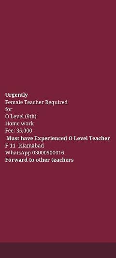 Female Teacher Required for home tuition