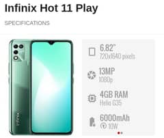 INFINIX HOT 11 PLAY 4+64 FULL BOX LOOKING LIKE NEW 6000 MAH BATTERY 0