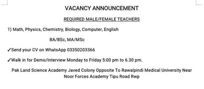 Requirement Male/Female Teachers