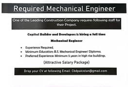 Mechanical Engineer Required.