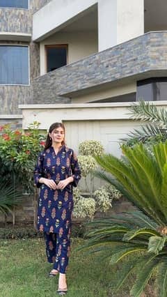 2 Pcs Women's Stitched Linen Printed Shirt And Trouser 03491236842