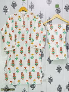 2 PCs women's stitched linen block printed suit 0