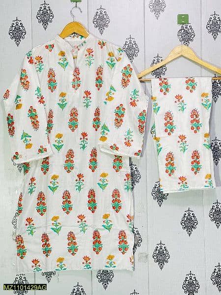 2 PCs women's stitched linen block printed suit 0