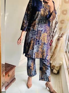 2 pcs women's stitched linen printed suit