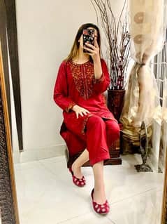 2 piece women stitched linen embroidered suit for Red